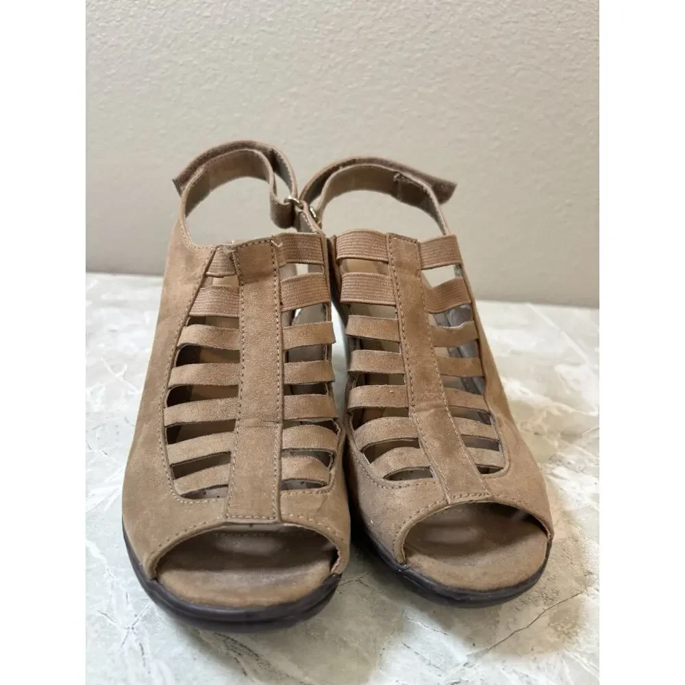CROFT and BARROW Haywheat Brown Open Toe Ankle Strap Heels Samdals Womens Sz 6.5